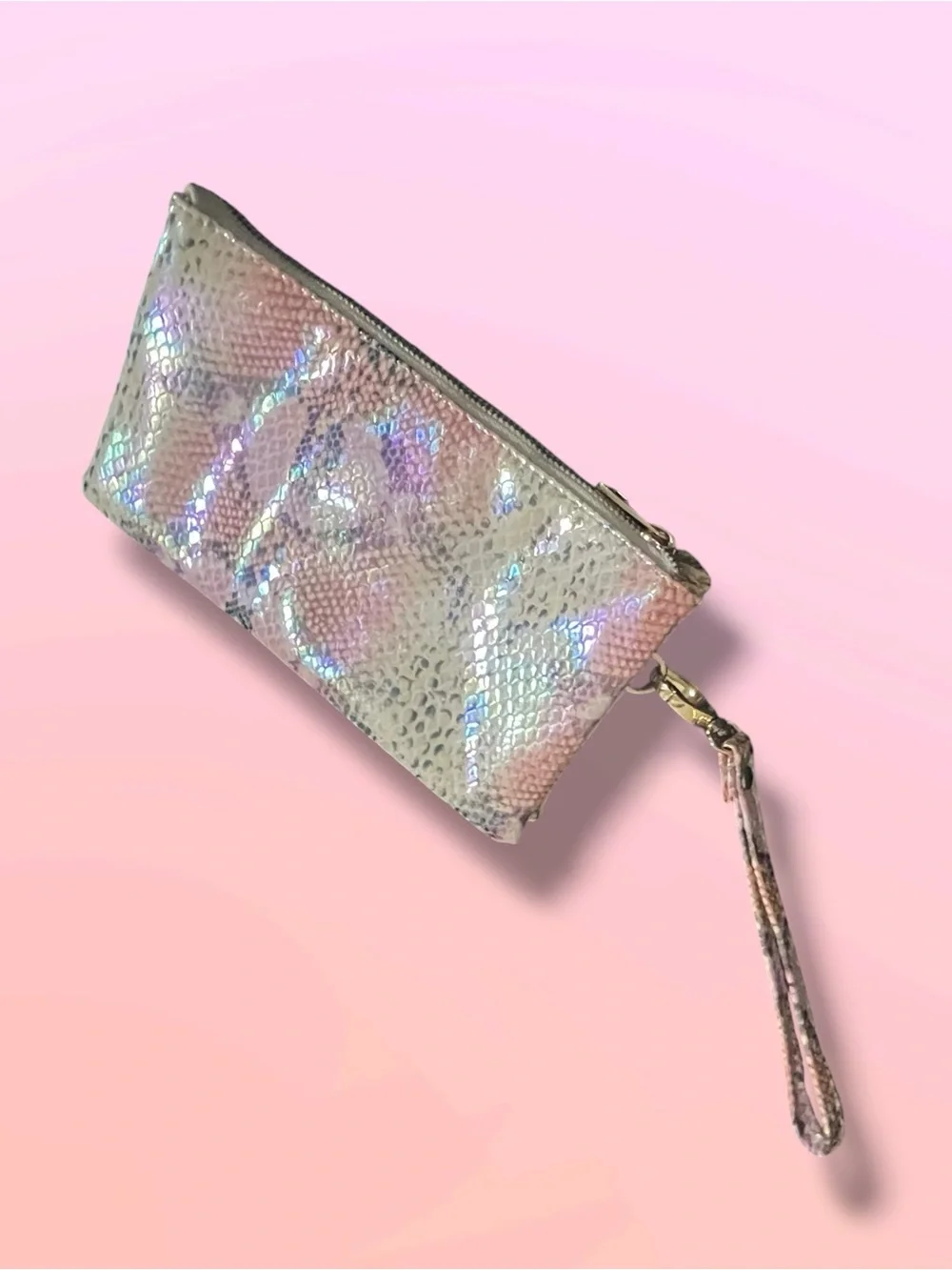 Caroline Hill Pink Holographic Snakeskin Wristlet Clutch Travel Wallet